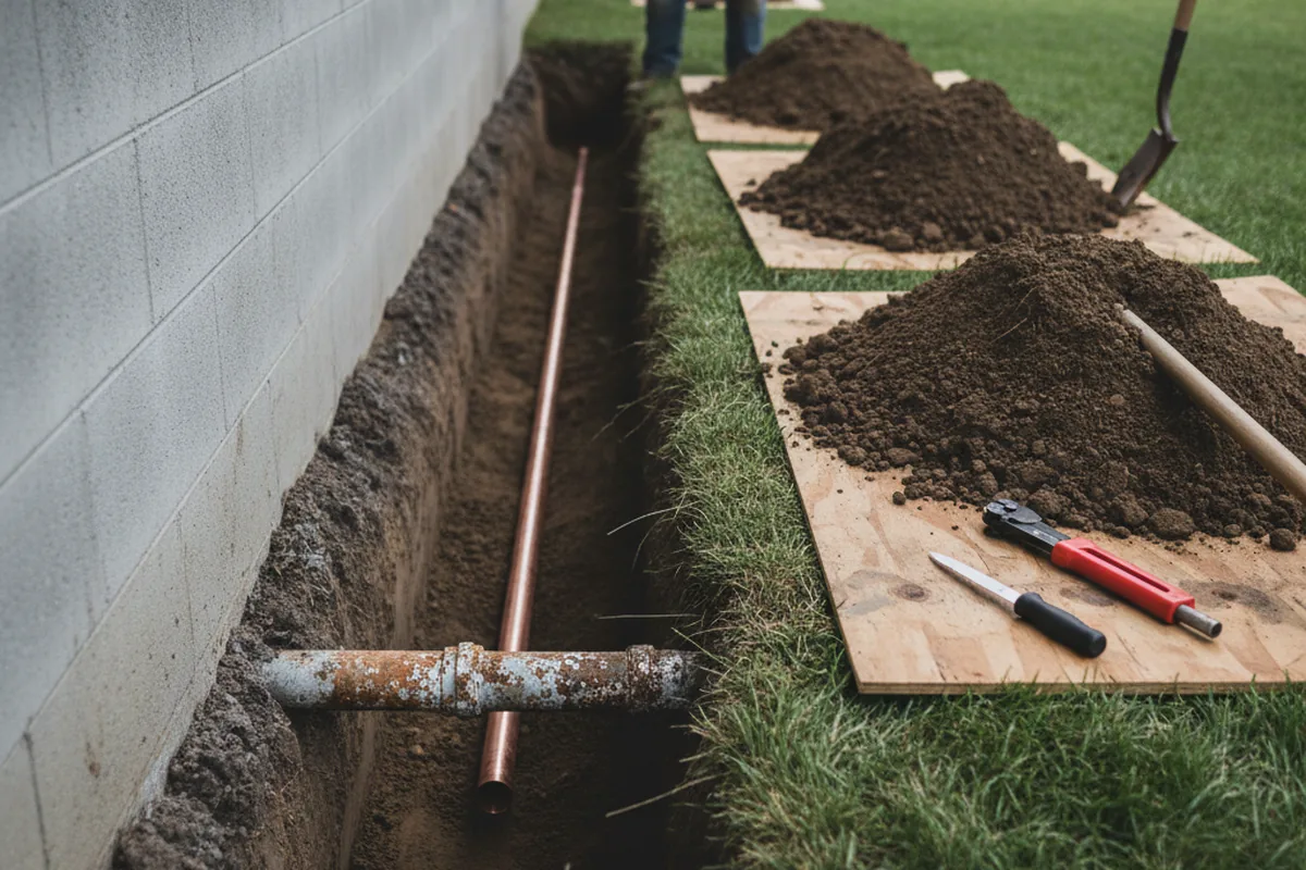 Excavated water line trench during Sewer Line Repair in Wycombe